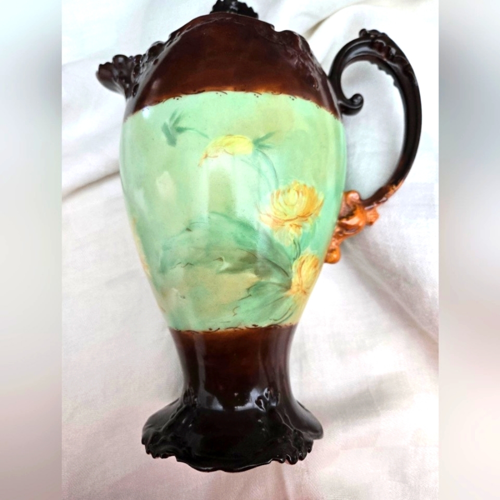 Antique Limoges France Porcelain Hot Chocolate Pot in Green & Brown 10"H